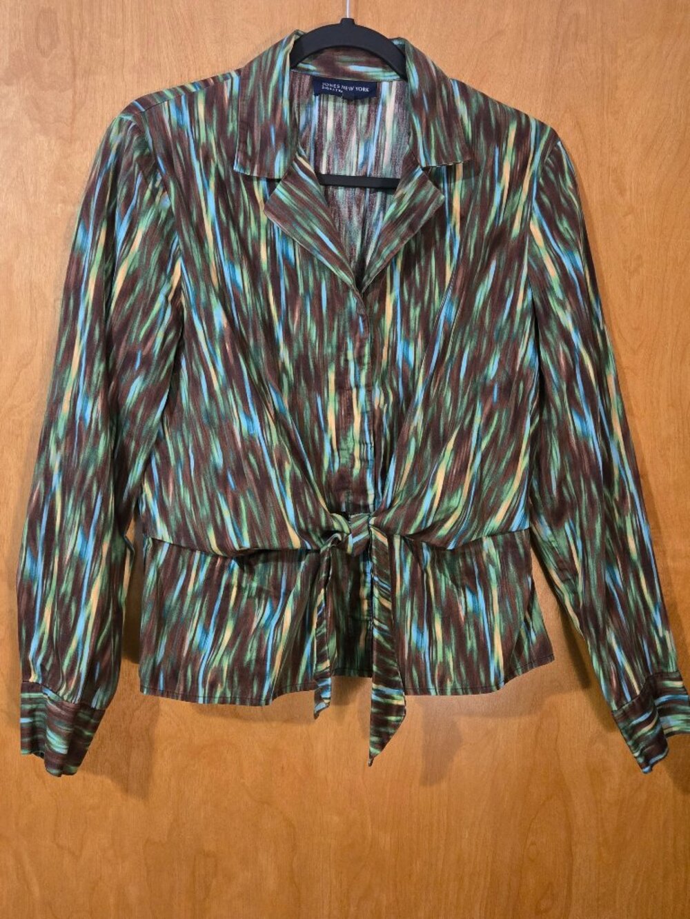 JONES NEW YORK Front tie blouse Multi-color Earthy Artsy  Size large Cotton
